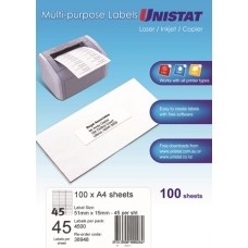 Unistat Laser/Inkjet/Copier 45 Up 51X15 Label - 4500 Labels